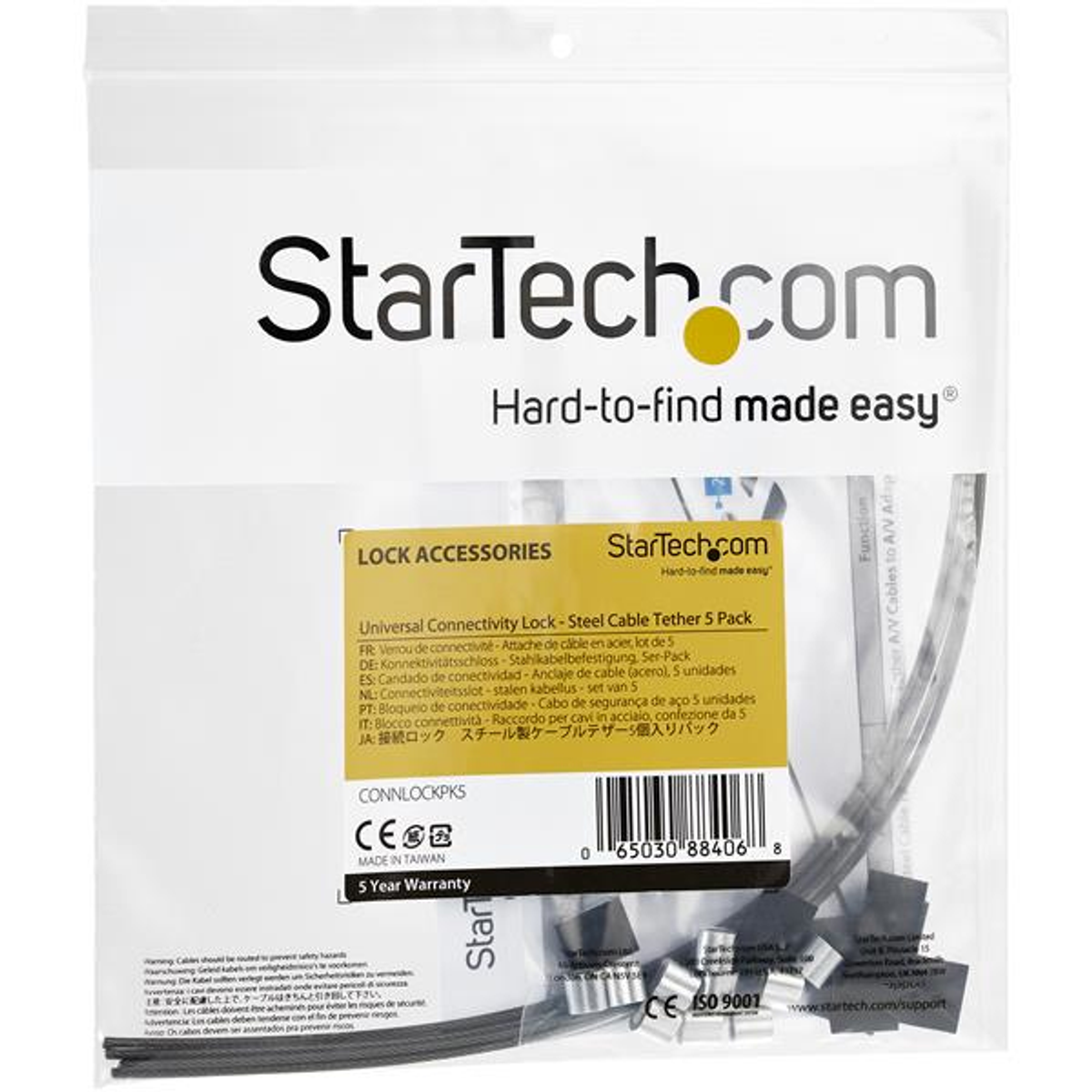 Transparente Plastiktüte mit 'StarTech.com'-Logo und Produktinformationen.