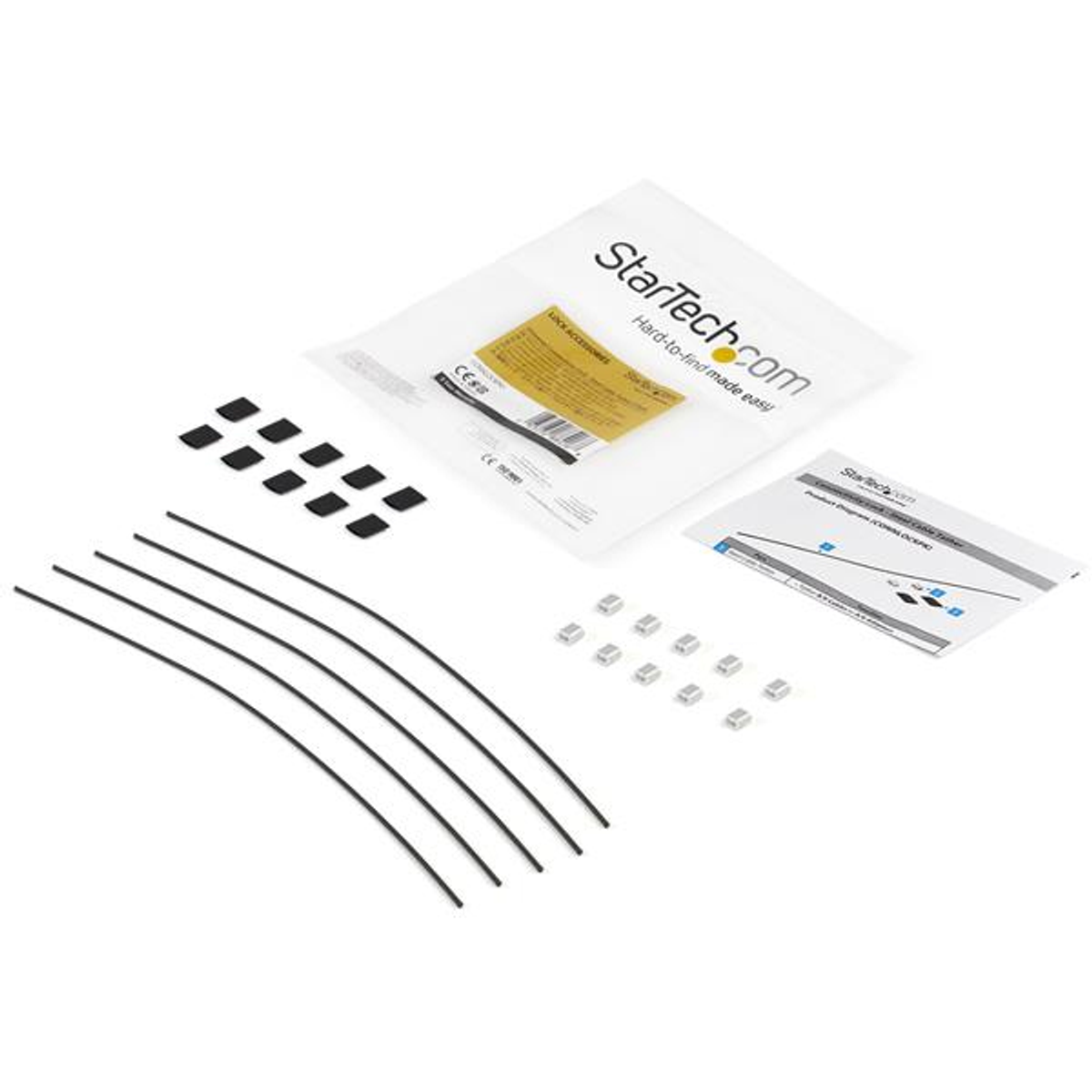 Verschiedenes Computerzubehör: Kabelbinder, Kabelklemmen und ein StarTech.com-Paket.
