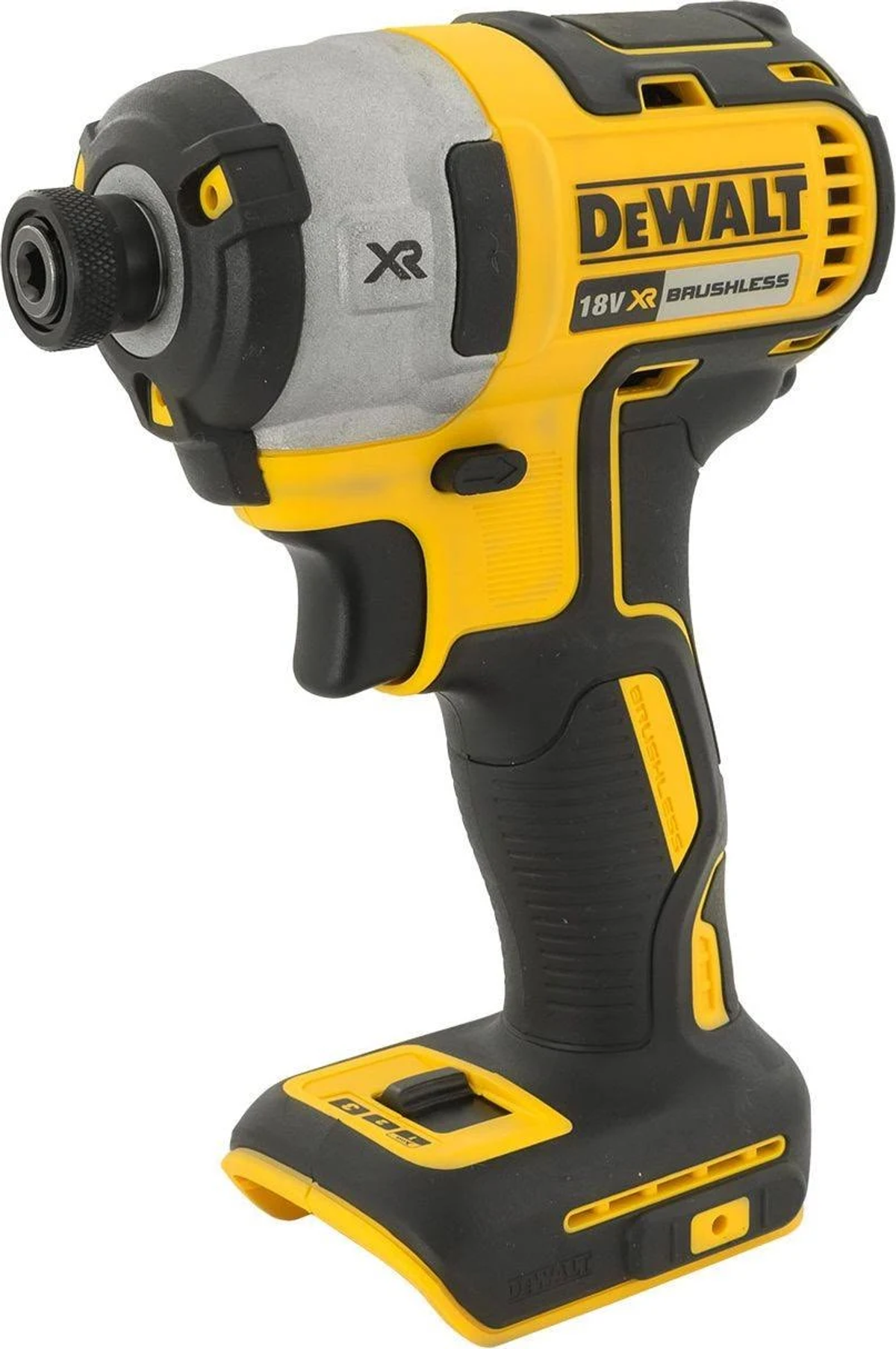 Ein gelb-schwarzer DeWalt 18V XR bürstenloser Schlagschrauber, abgewinkelt, um seine Details und Funktionen zu zeigen.