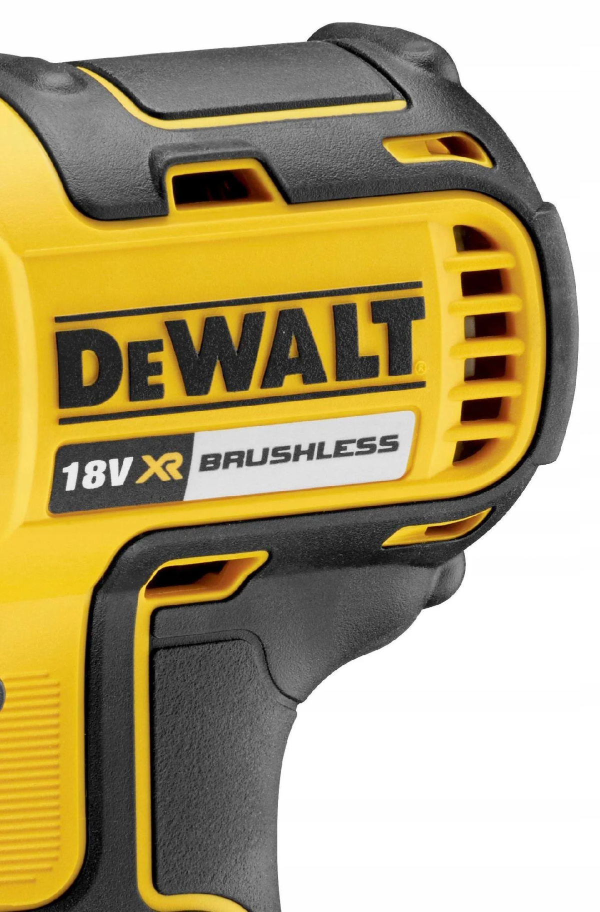 Gelb-schwarzer DeWalt 18V bürstenloser Bohrer mit Text auf der Seite.