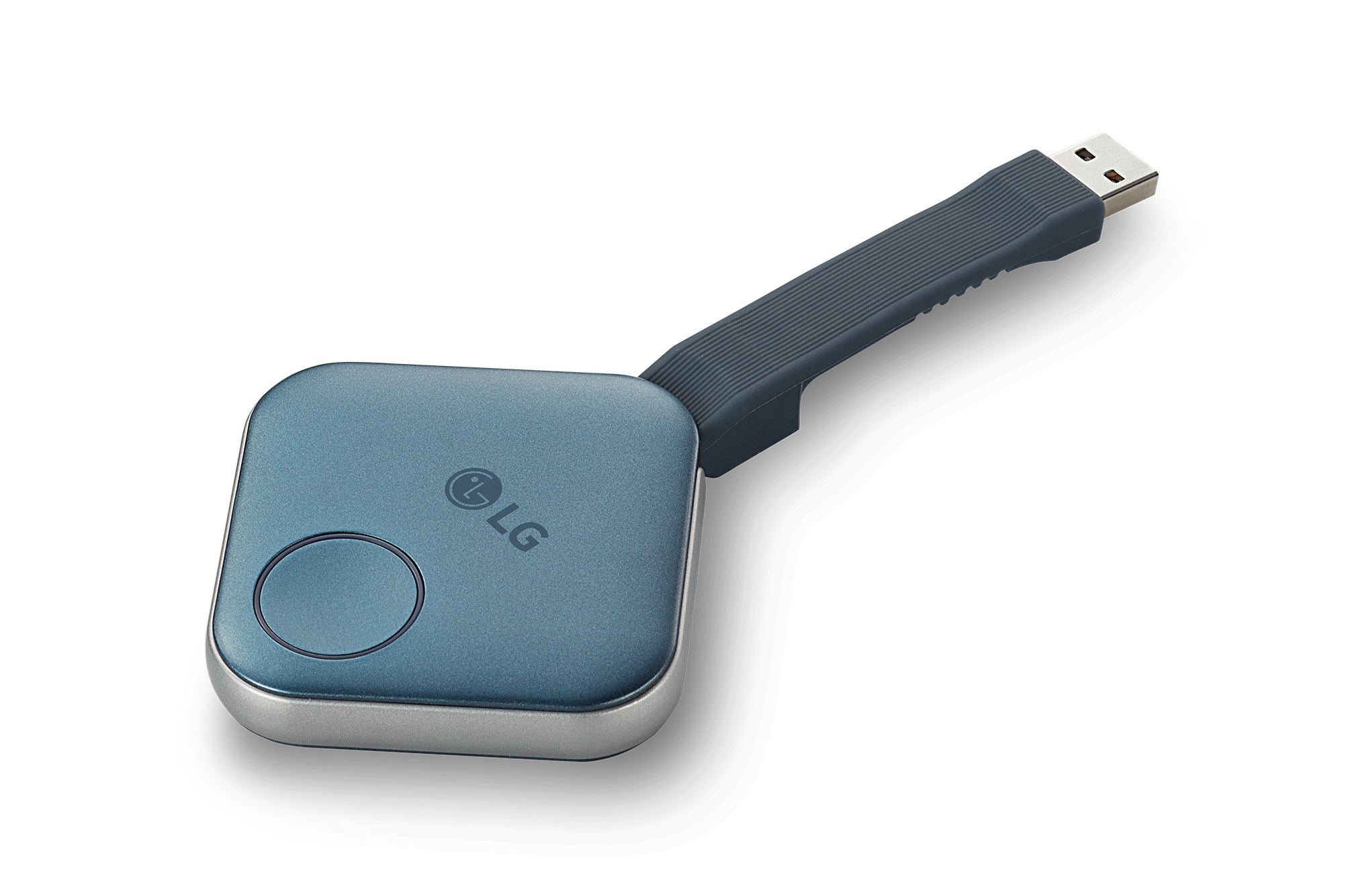Ein blaues drahtloses Präsentationsgerät von LG mit USB-Anschluss.
