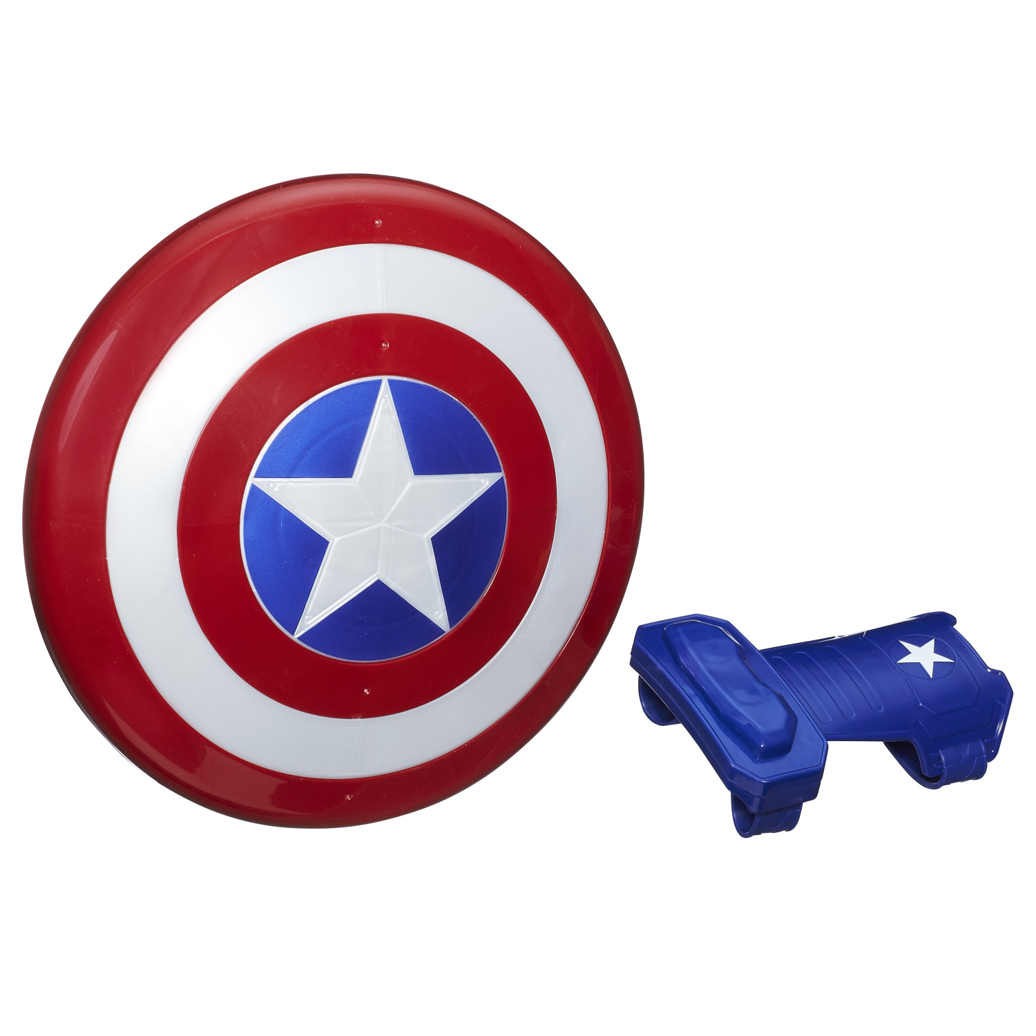 Escudo del Capitán América con una estrella en el centro y una pistola de juguete azul con una estrella.