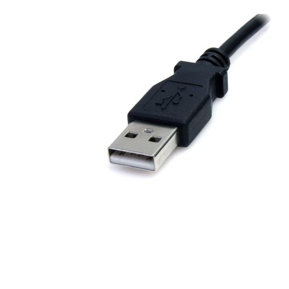 Schwarzes USB-Kabel mit rechteckigem Stecker. Weißer Hintergrund. Der Stecker ist abgewinkelt und hat ein Symbol.