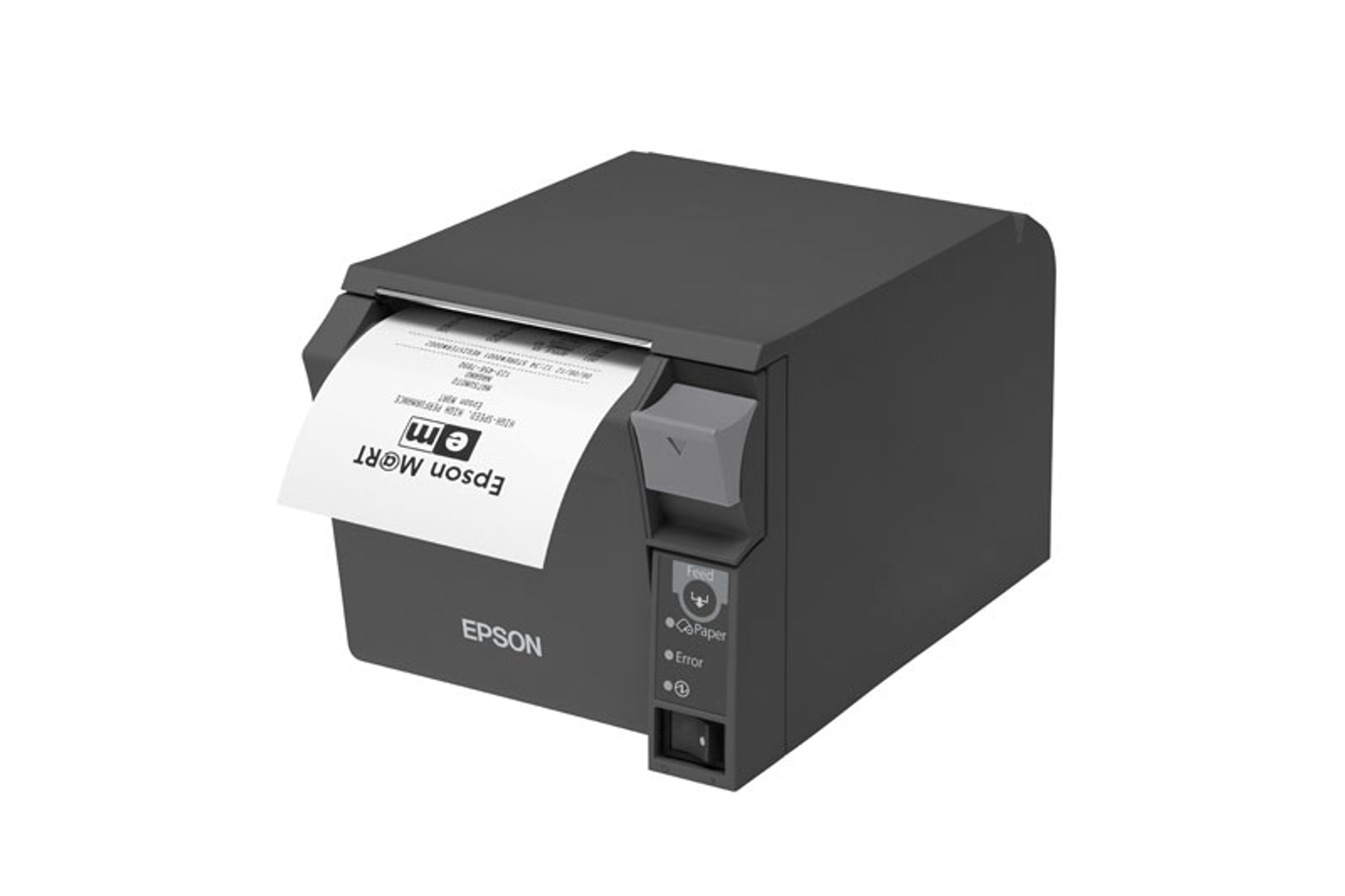 Imprimante de reçus Epson noire, imprimant un reçu.  Les voyants d'erreur d'alimentation et de papier sont allumés.