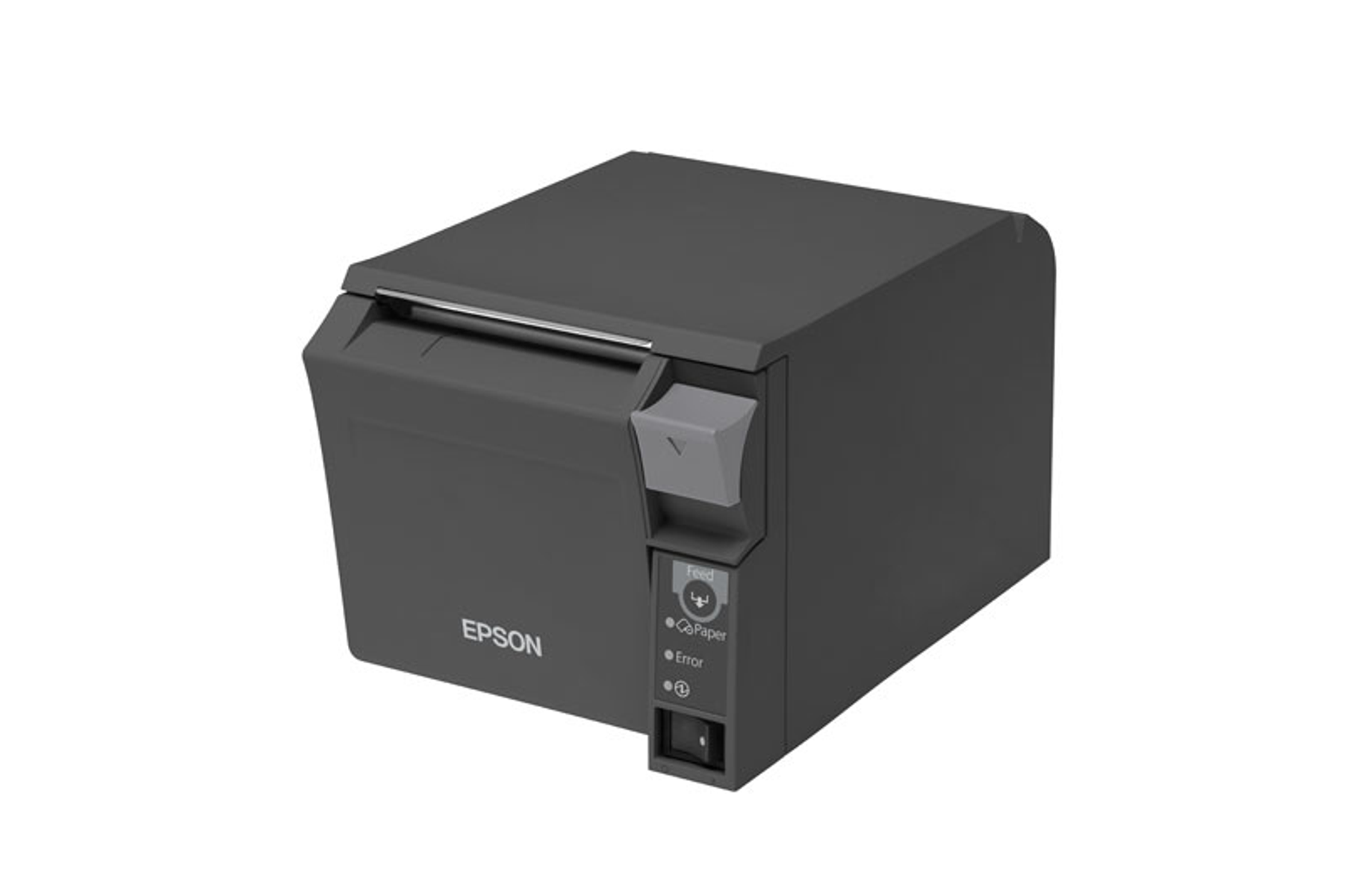 Imprimante thermique Epson gris foncé avec bouton d'alimentation et bouton d'avance.