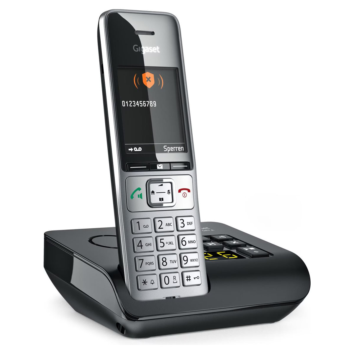Téléphone sans fil Gigaset noir et argent et base avec un écran affichant un numéro.