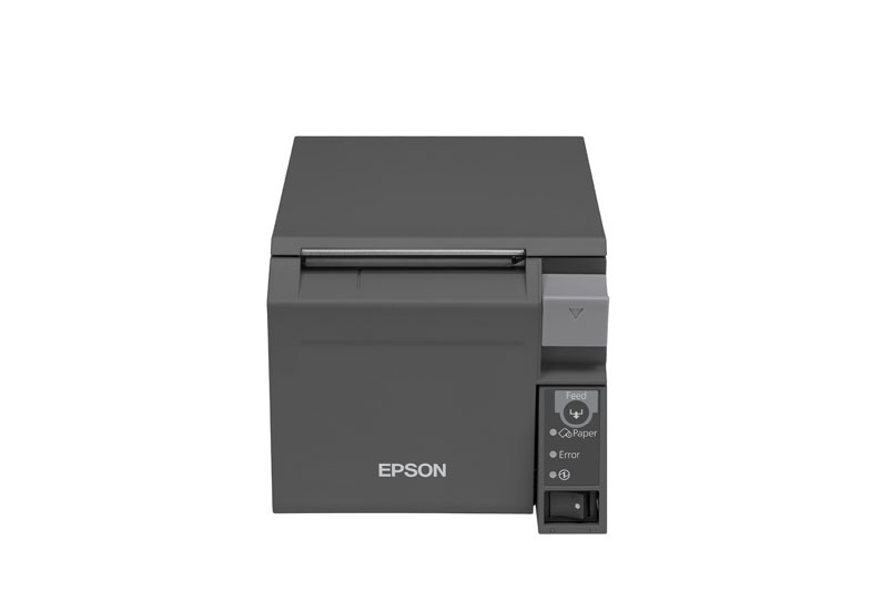 Imprimante noire sur fond blanc. Logo Epson visible. Boutons et interrupteur d'alimentation sur le côté.