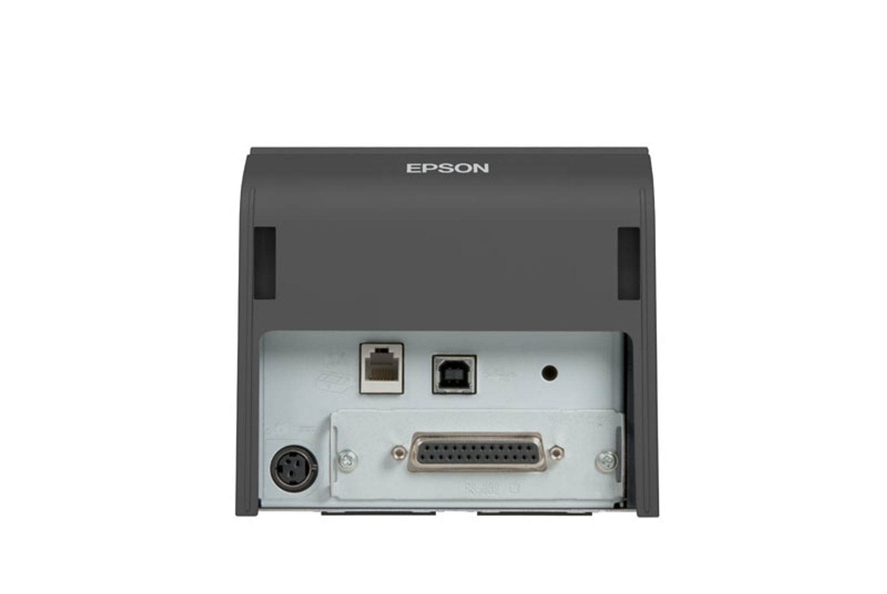 L'arrière d'une imprimante Epson noire. Il existe plusieurs ports pour les connexions.