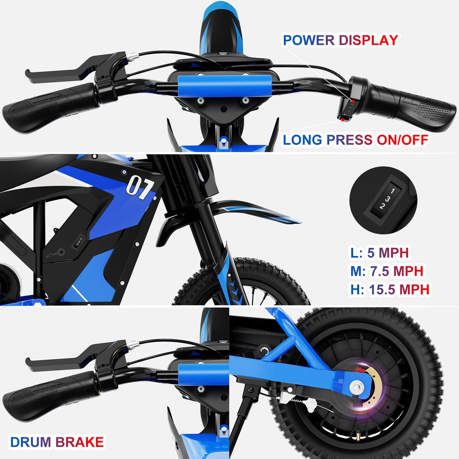 Primer plano de una motocicleta eléctrica. Muestra manillar, configuraciones de velocidad y detalles del freno de tambor.