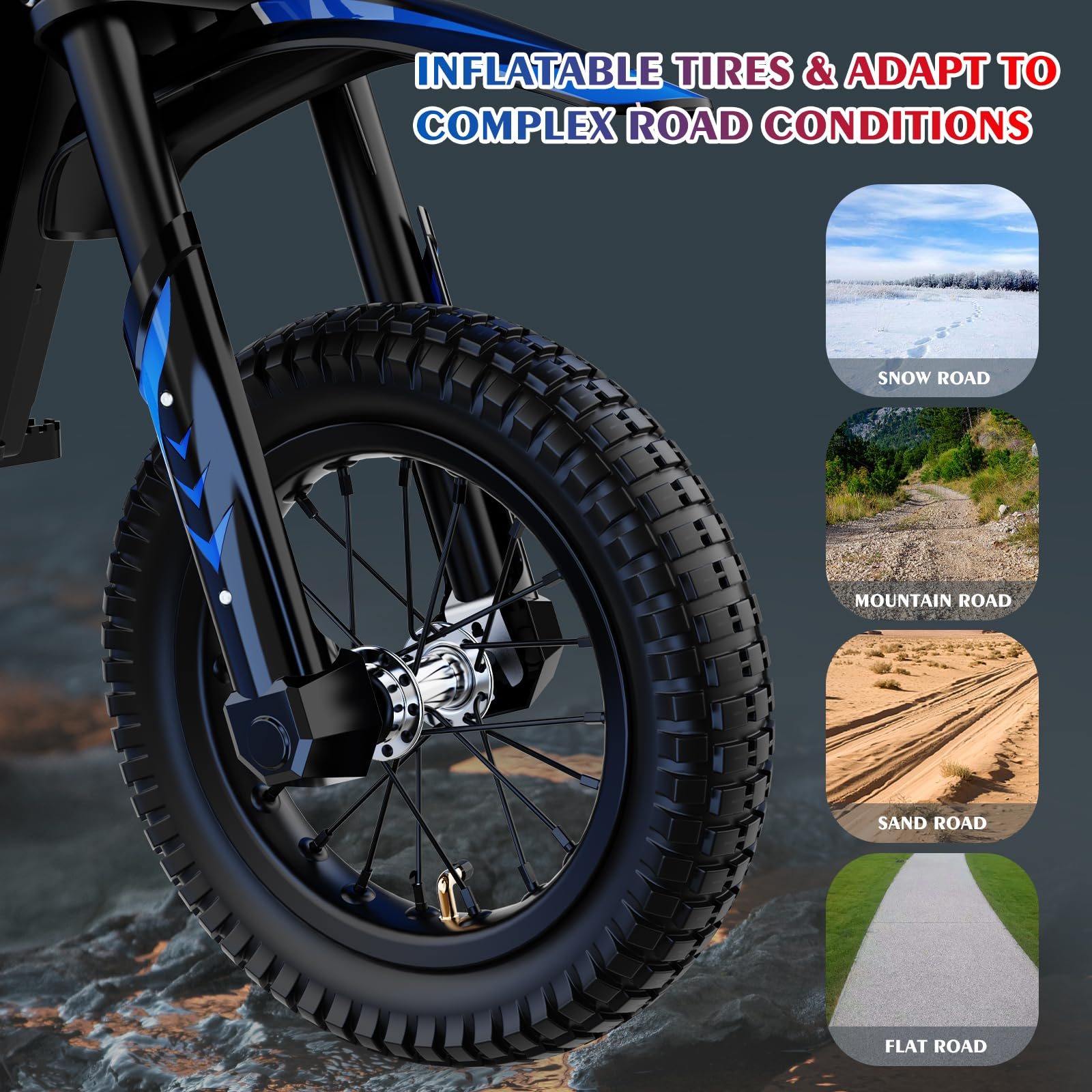 Primo piano di una ruota di bici elettrica nera su diverse superfici stradali.