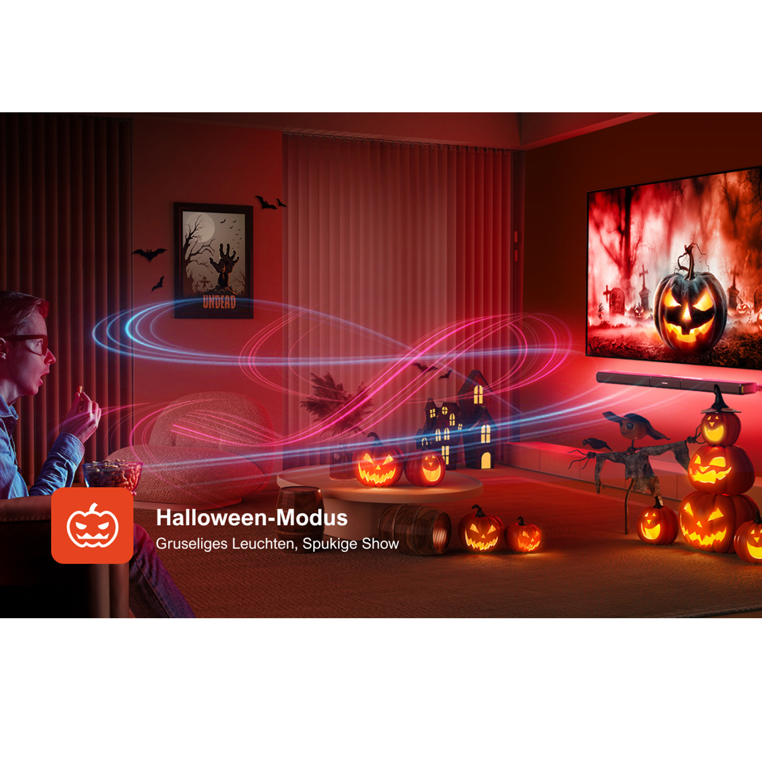 Halloween-Szene mit Kürbissen und einem Mann. Das Bild zeigt ein Halloween-Thema.