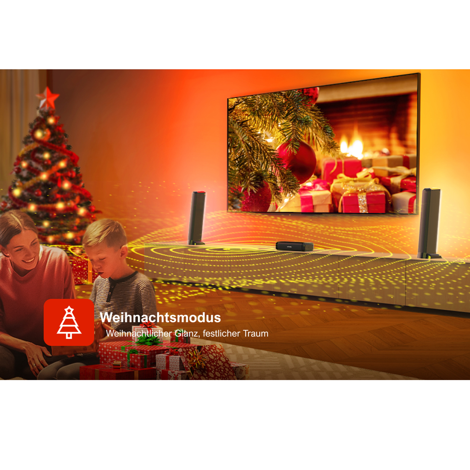 Eine Frau und ein Kind mit Weihnachtsbaum und Fernseher. Text sagt 'Weihnachtsmodus'.