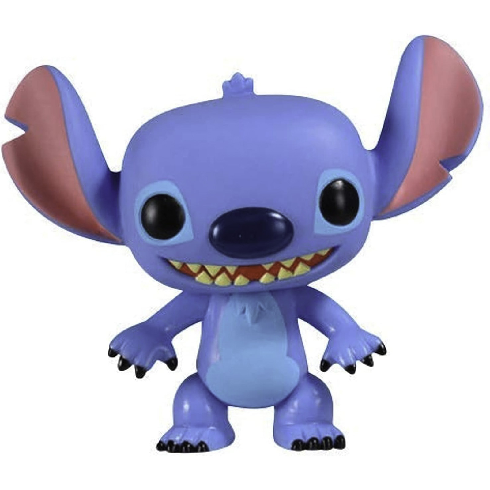 Stitch-Figur, blauer Körper, große Ohren, große Augen, geöffneter Mund mit Zähnen.