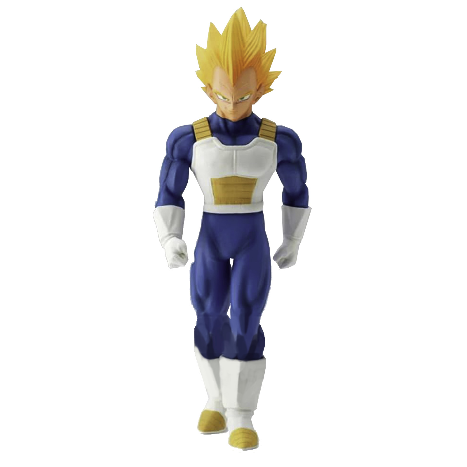 Vegeta-Figur. Blauer Anzug, weiße Rüstung, gelbe Haare. Stehende Pose.