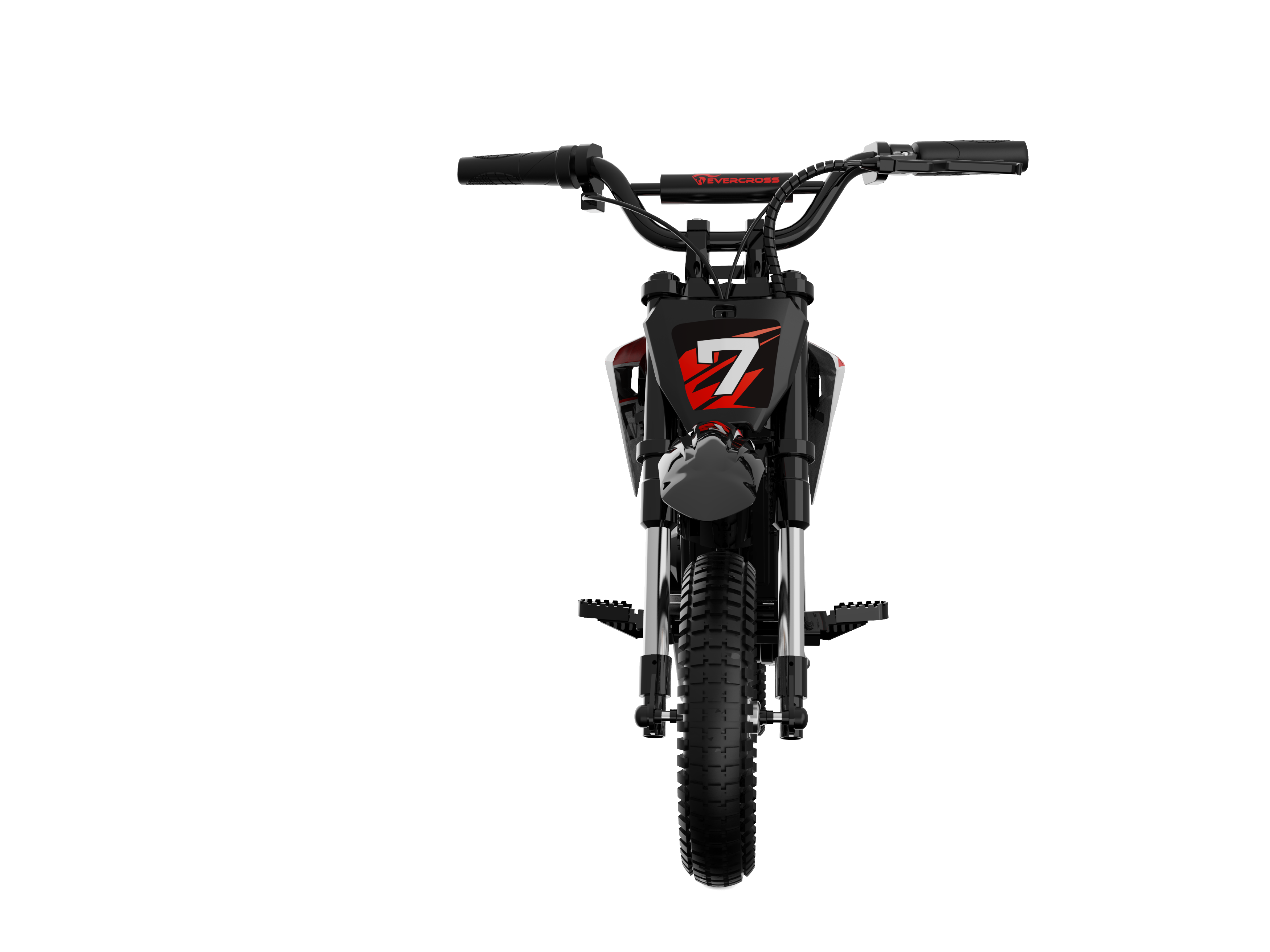 Moto da cross nera e rossa, rivolta in avanti, su sfondo bianco e nero.