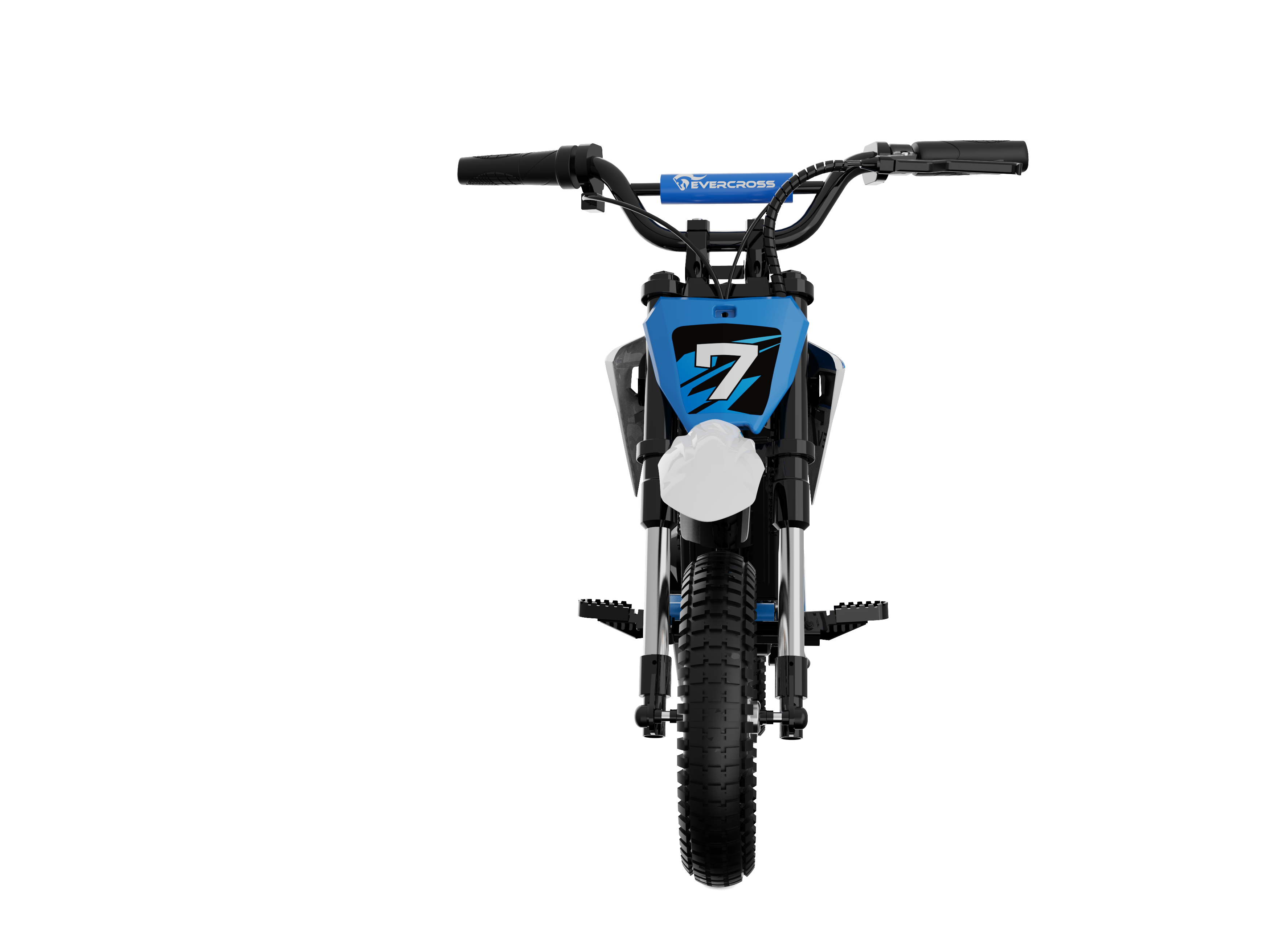 Motocicletta elettrica blu. Faro bianco, telaio blu, numero 7. Pneumatici e manubrio neri.