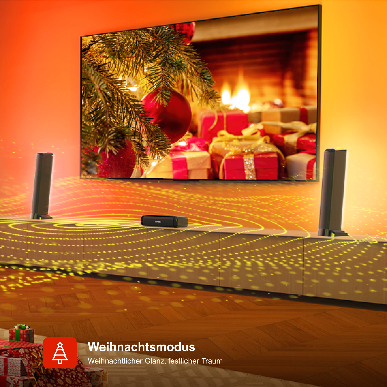 TV-Bildschirm, der eine Weihnachtsszene zeigt, flankiert von Lautsprechern. Leuchtende Muster gehen aus dem TV hervor.