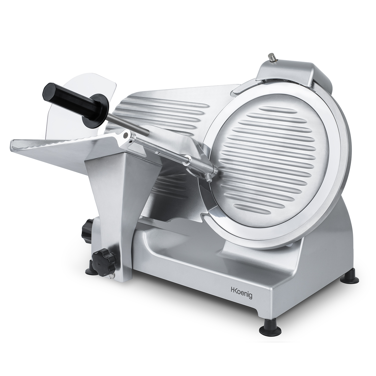 Srebrna krajalnica do mięsa z czarnym uchwytem i nóżkami podporowymi.