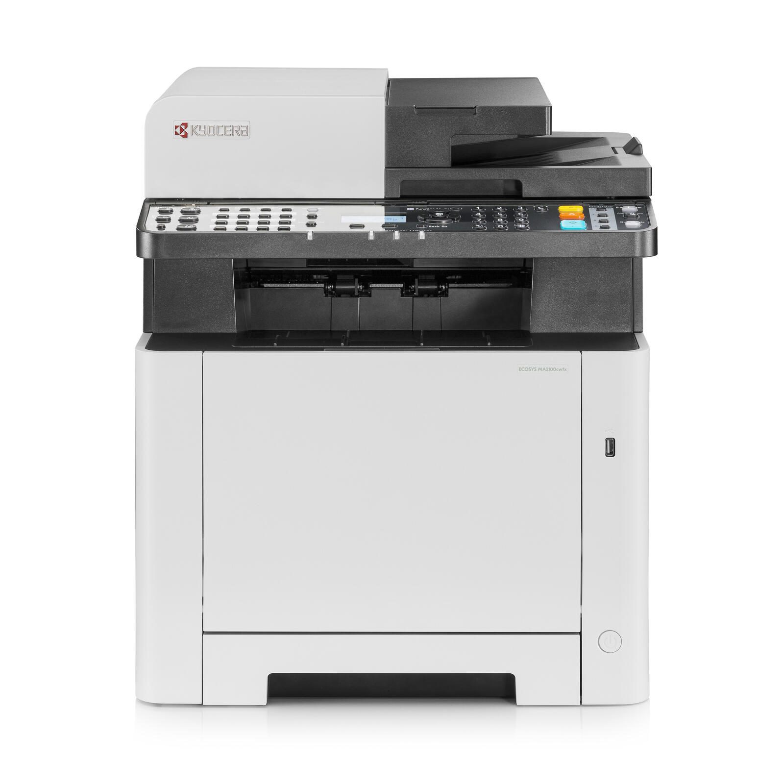 Stampante multifunzione Kyocera. Corpo bianco, parte superiore nera con pannello di controllo. Isolato su sfondo bianco.