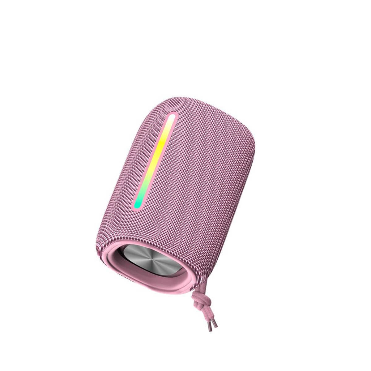 Altoparlante portatile cilindrico rosa. Presenta un design a rete e una striscia luminosa che cambia colore.