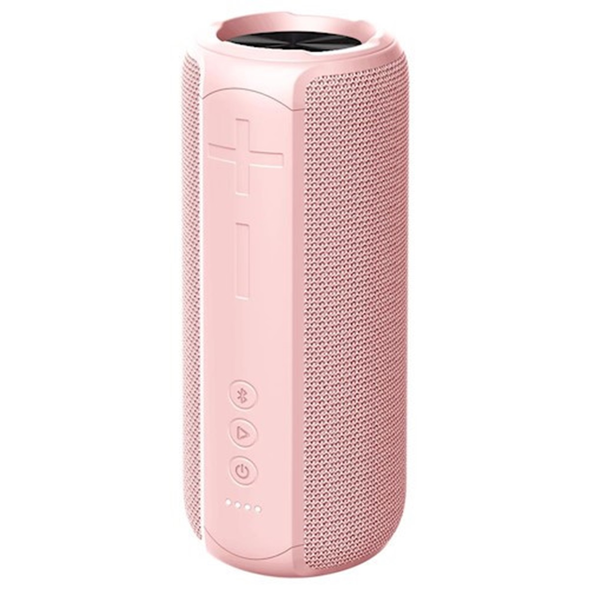 Altoparlante rosa cilindrico con pulsanti e copertura a rete.