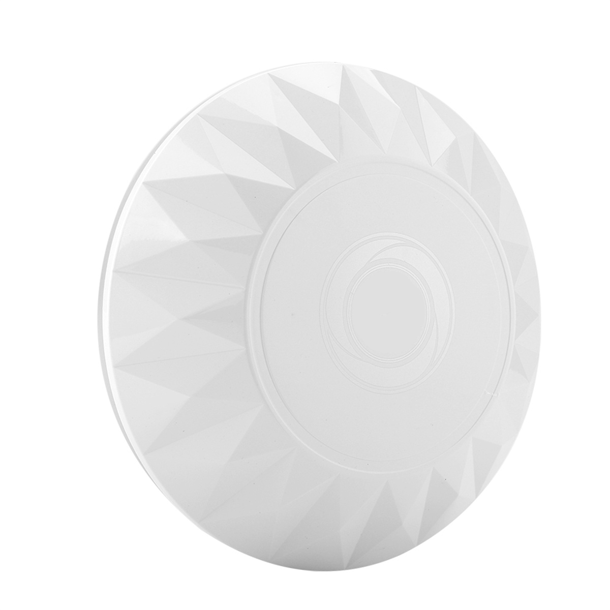 Weißes, rundes Gerät mit geometrischem Muster oben. Es scheint ein Smart-Home-Gerät zu sein.