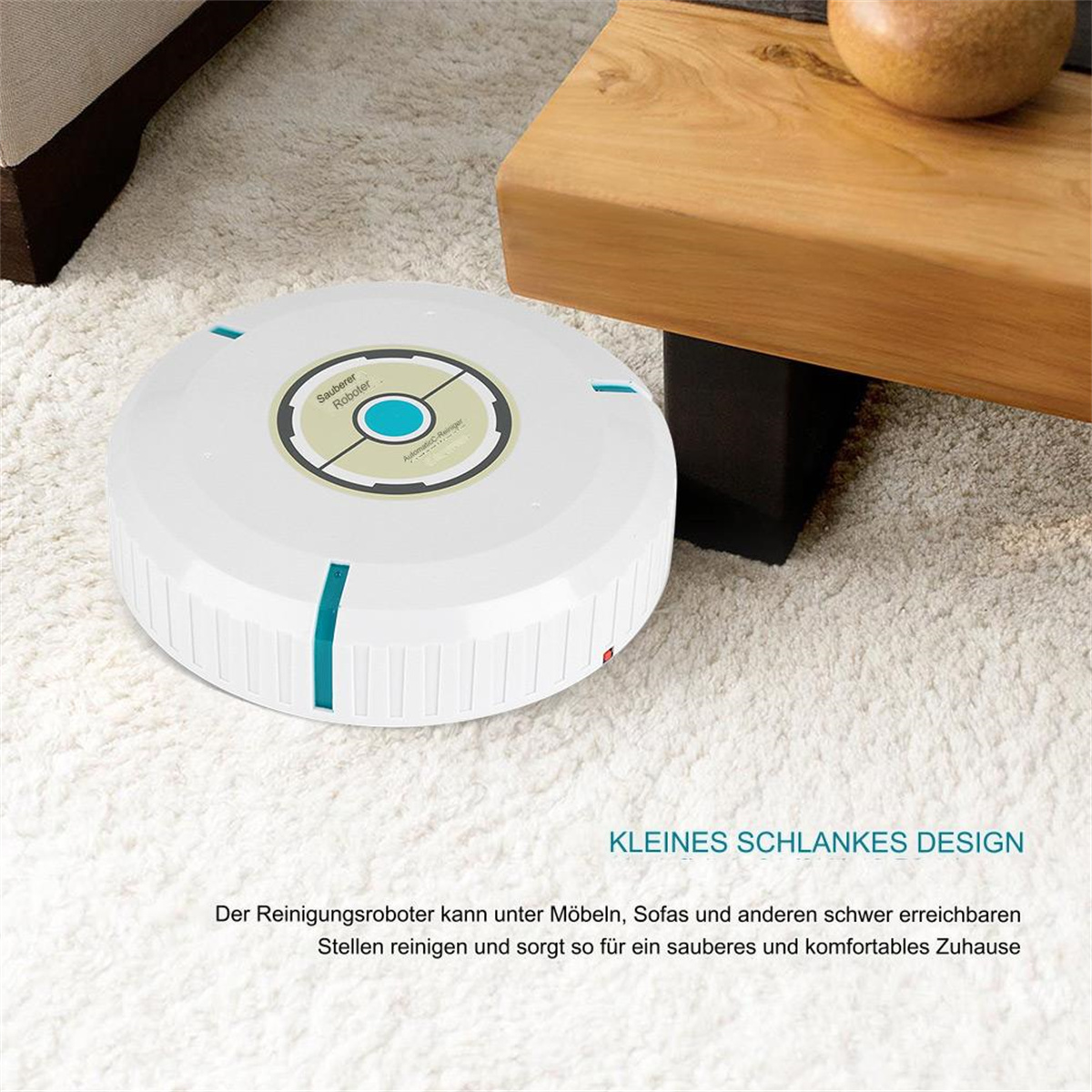 Ein weißer Roboter-Staubsauger auf einem Teppich mit Text, der das Design bewirbt.