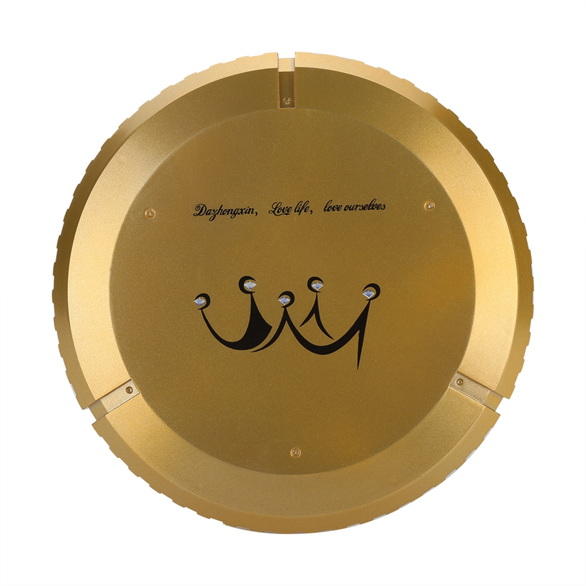 Goldener Roboterstaubsauger mit Kronenlogo und Text. Verfügt über eine runde Form und ein metallisches Finish.