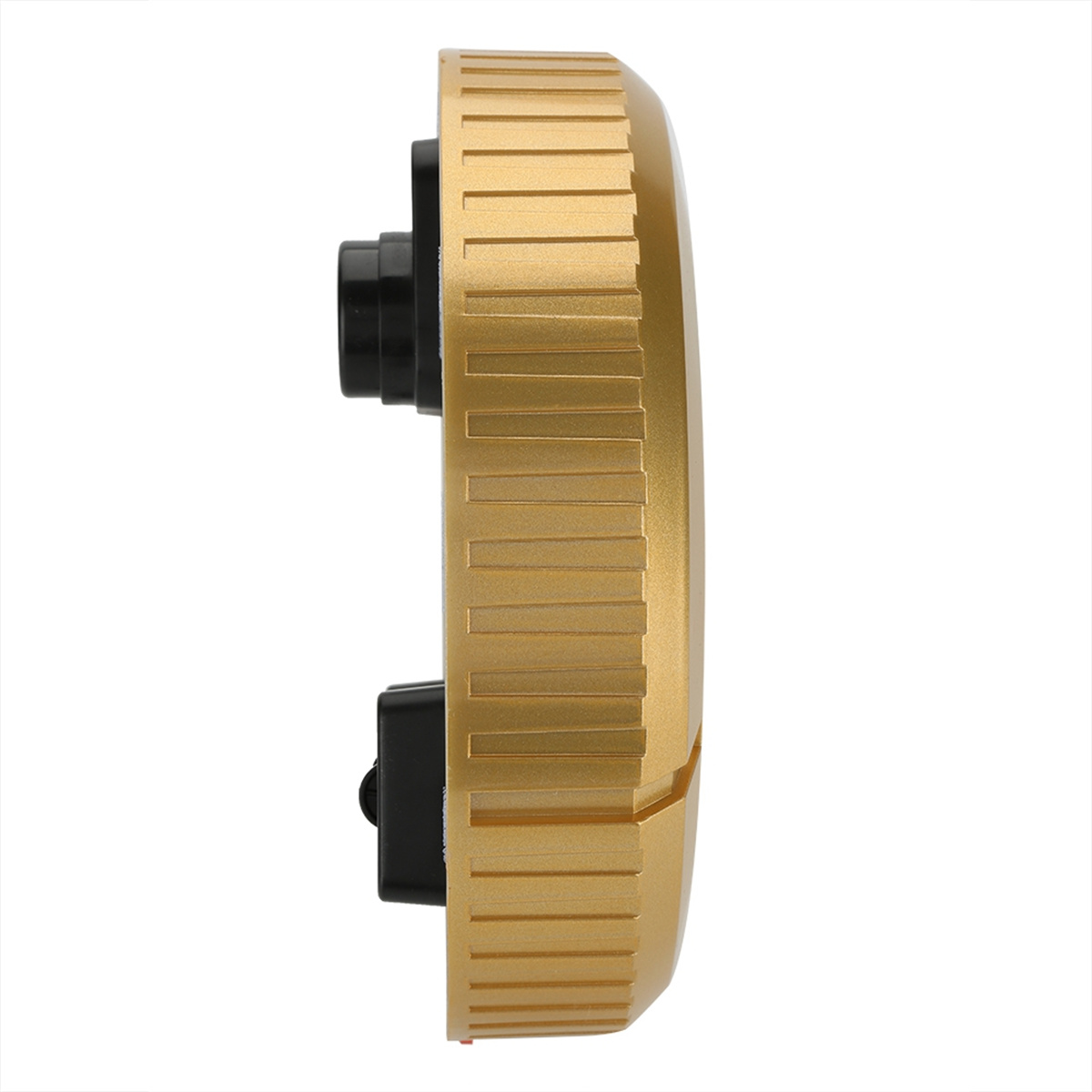 Goldfarbenes zylindrisches Gerät mit schwarzen Details.