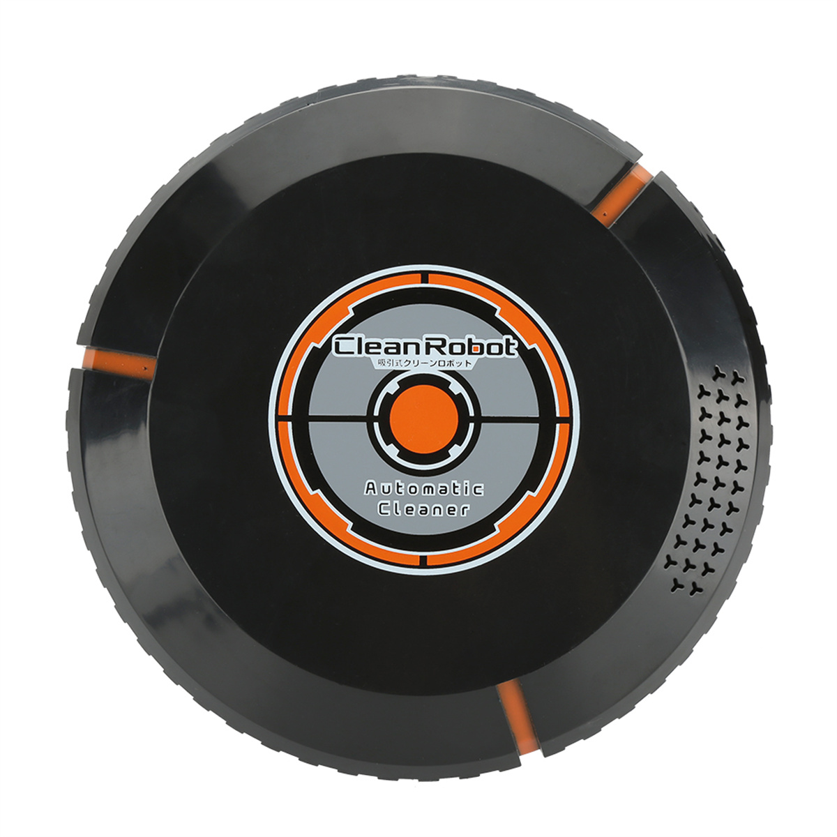 Schwarzer Roboter-Staubsauger mit kreisförmigem Design und orangefarbenen Akzenten.