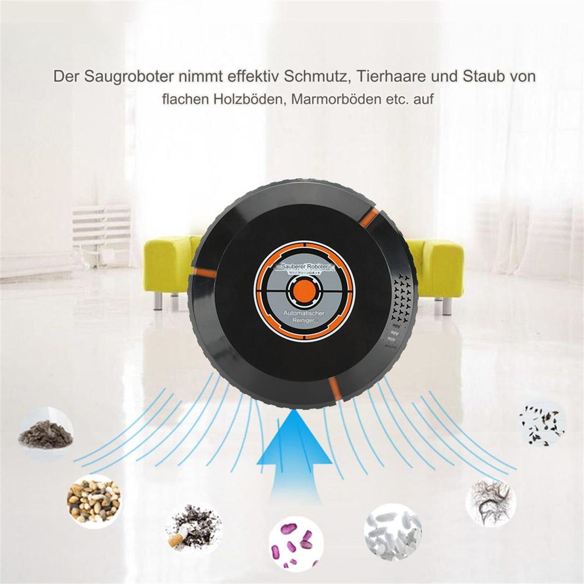 Ein schwarzer Roboter-Staubsauger mit orangefarbenem Zentrum. Schmutz und Ablagerungen sind mit blauen Linien dargestellt.