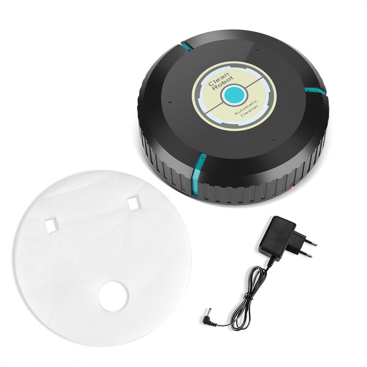Schwarzer, runder Roboter-Staubsauger mit weißer Ladestation und Netzteil.