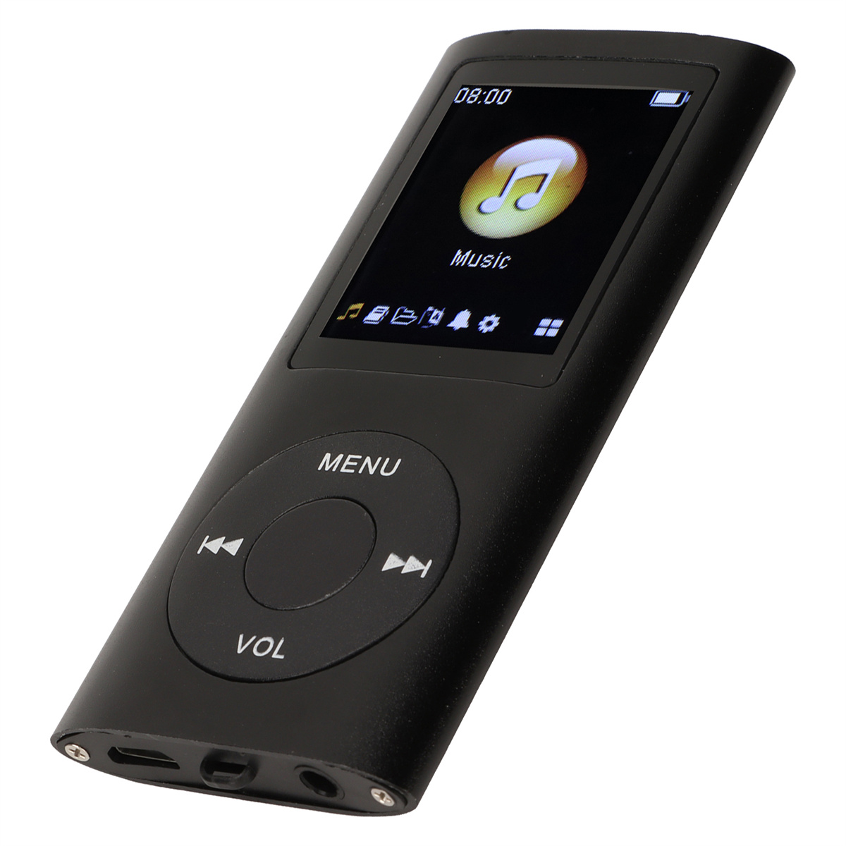Schwarzer MP3-Player mit Bildschirm, Menü und Wiedergabetasten, isoliert auf weißem Hintergrund.