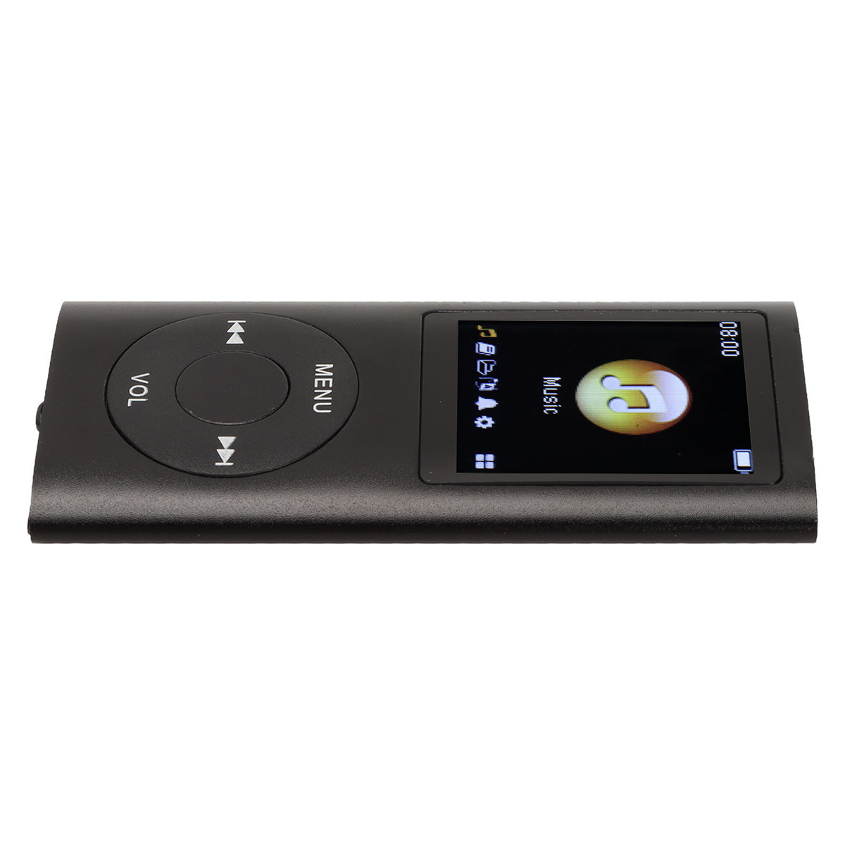 Schwarzer MP3-Player mit Tasten und einem Bildschirm, der Musikinfo und Akkuladung anzeigt.