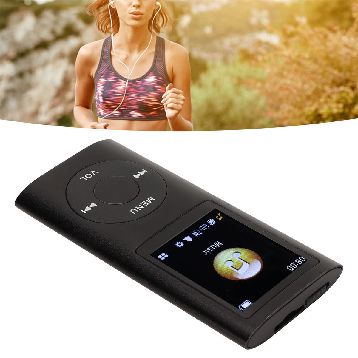 Eine Frau beim Laufen und ein schwarzer MP3-Player auf weißem Hintergrund mit Bildschirm.