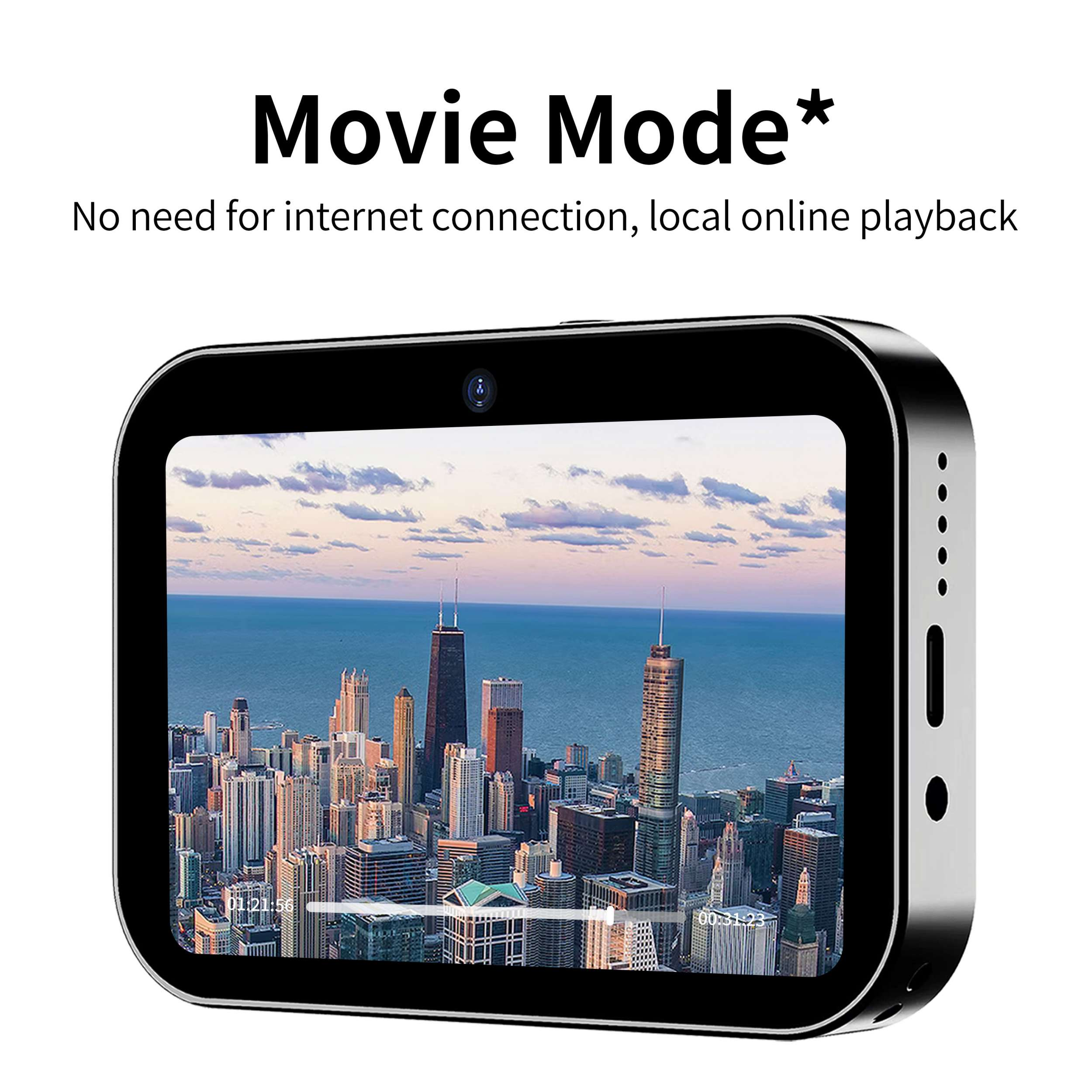 Schwarzes Tablet mit Skyline und Text 'Movie Mode'. Seitentasten sichtbar.
