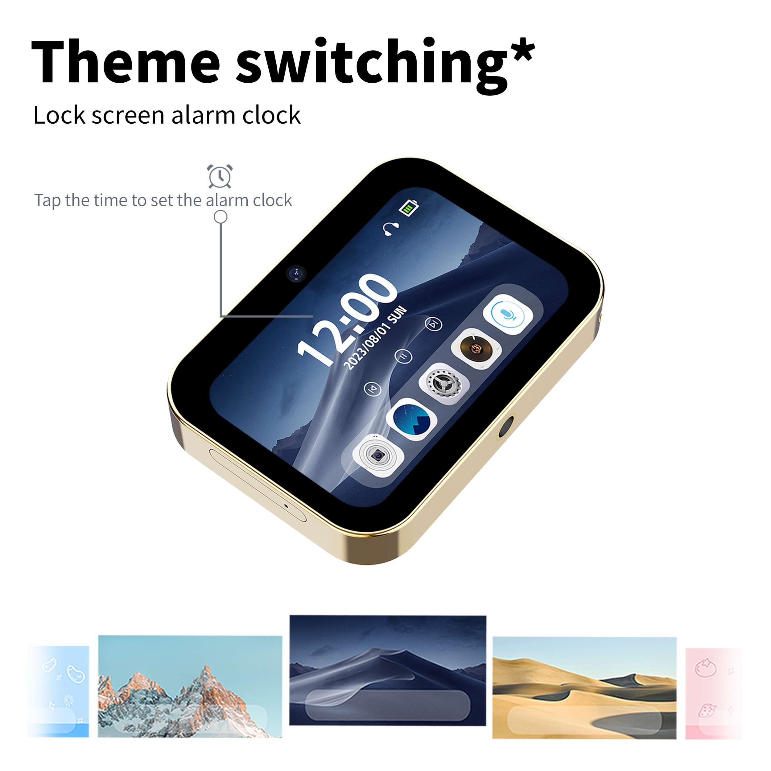 Goldene Smartwatch mit Uhrzeit und Datum, mit verschiedenen Themenoptionen unten.