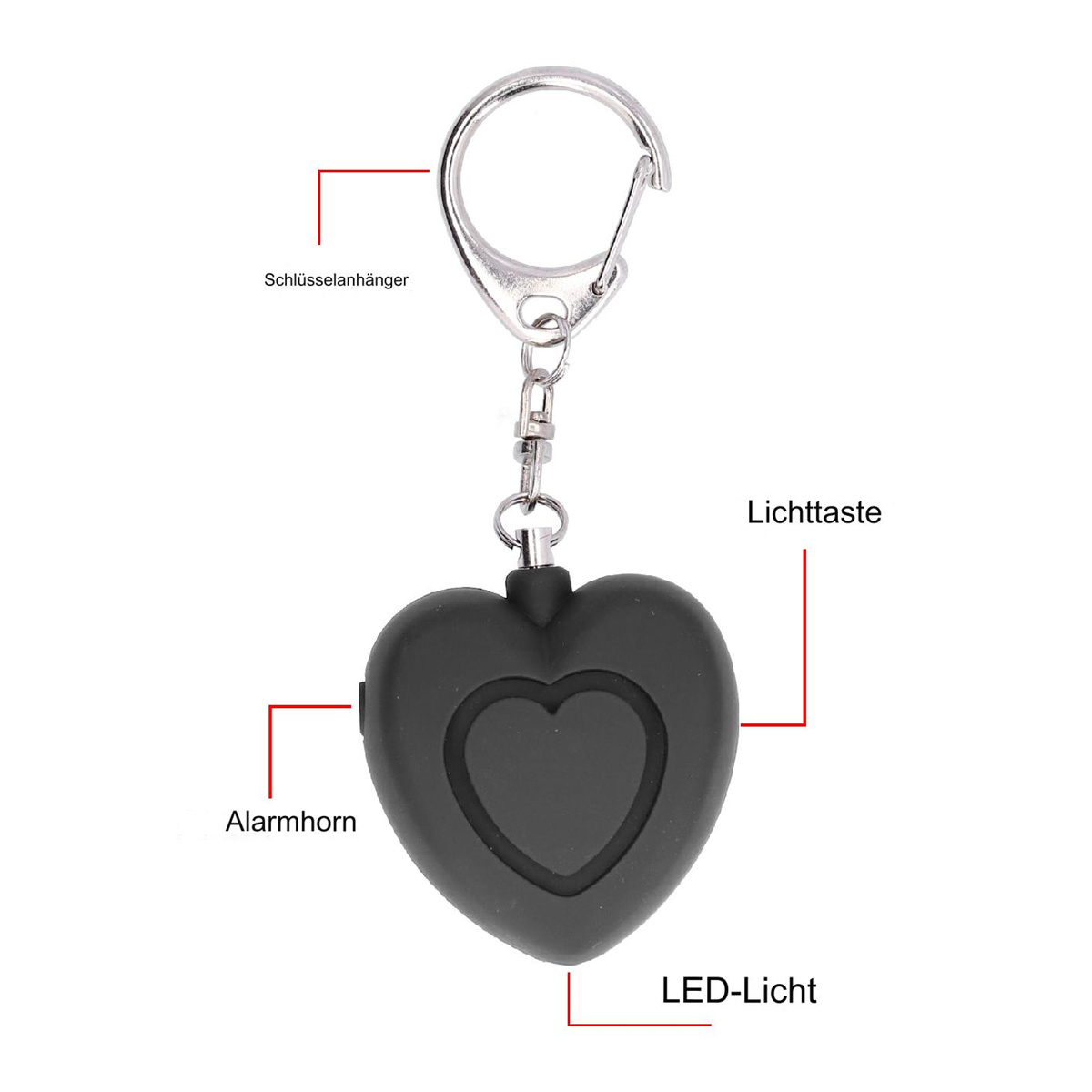 Ein herzförmiger Schlüsselanhänger mit schwarzem Gehäuse, silbernem Ring und der Aufschrift 'LED-Light'.
