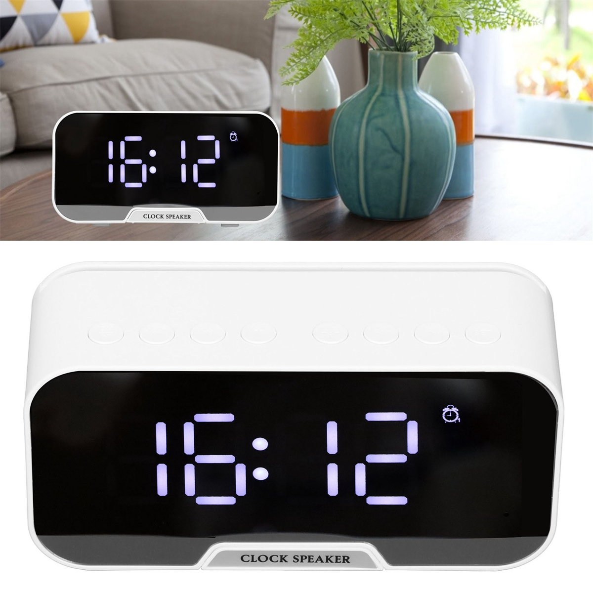 Weißer digitaler Lautsprecher mit der Anzeige 16:12, mit kleinem Alarmsymbol, auf einem Holztisch.