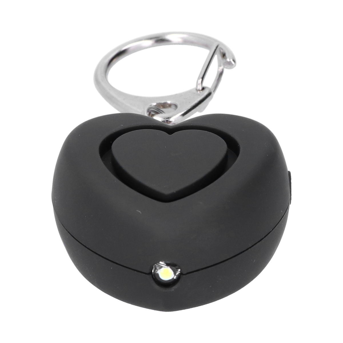 Schwarzer herzförmiger Alarm mit silbernem Ring. Hat eine weiße LED und eine Herztaste.