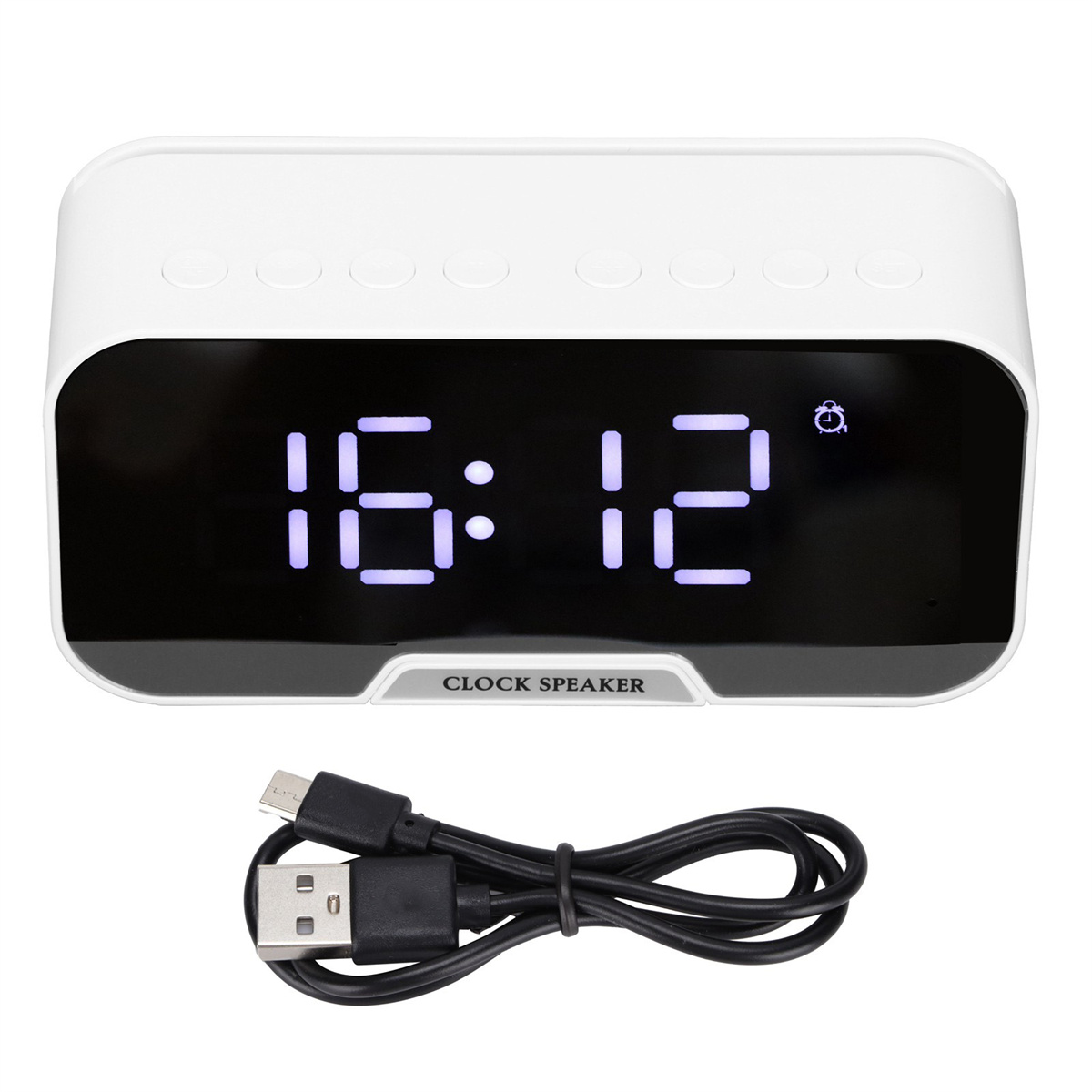 Weiße Digitaluhr mit 16:12, darunter ein USB-Kabel.