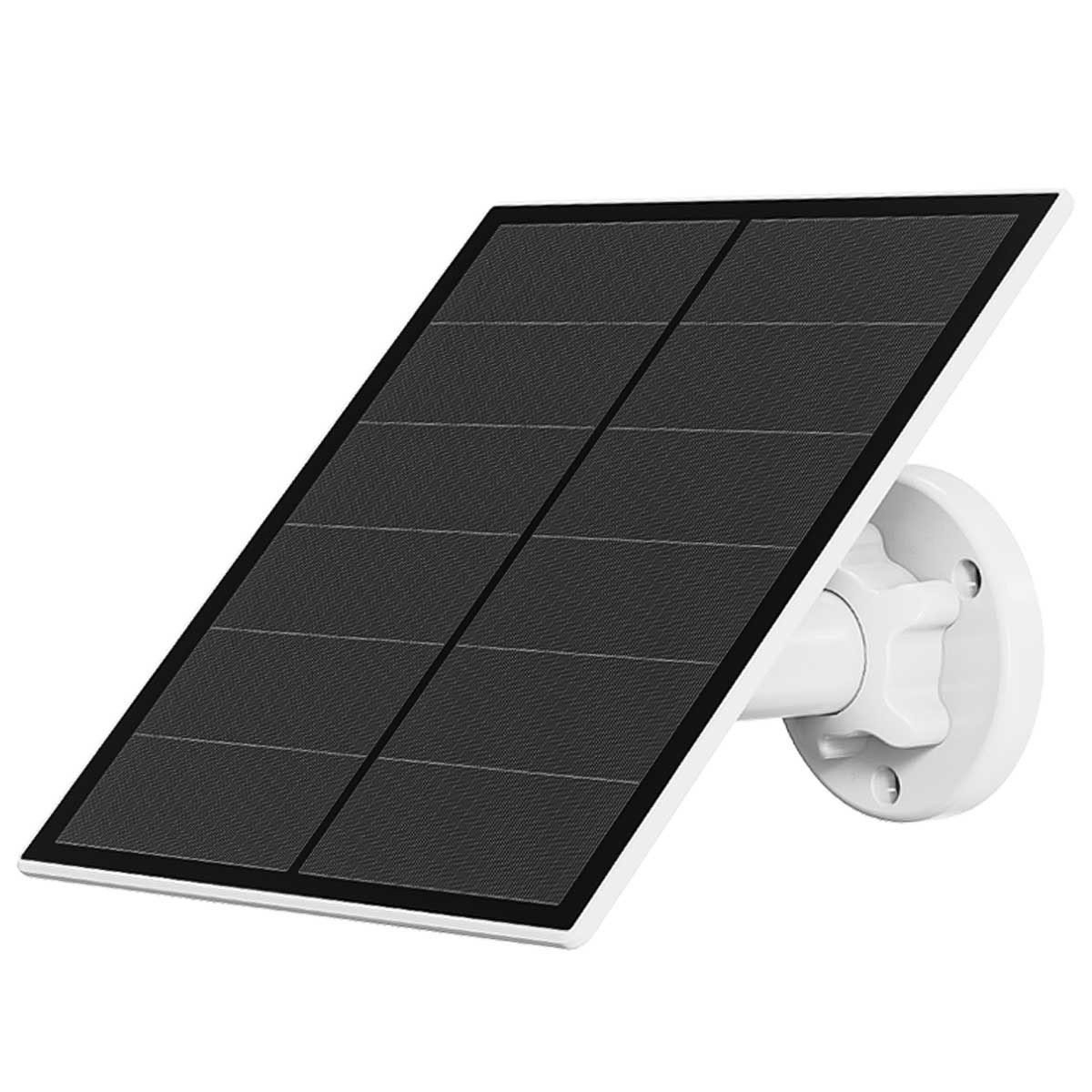 Ein schwarzes Solarpanel, montiert an einer weißen Halterung. Rechteckige Form.