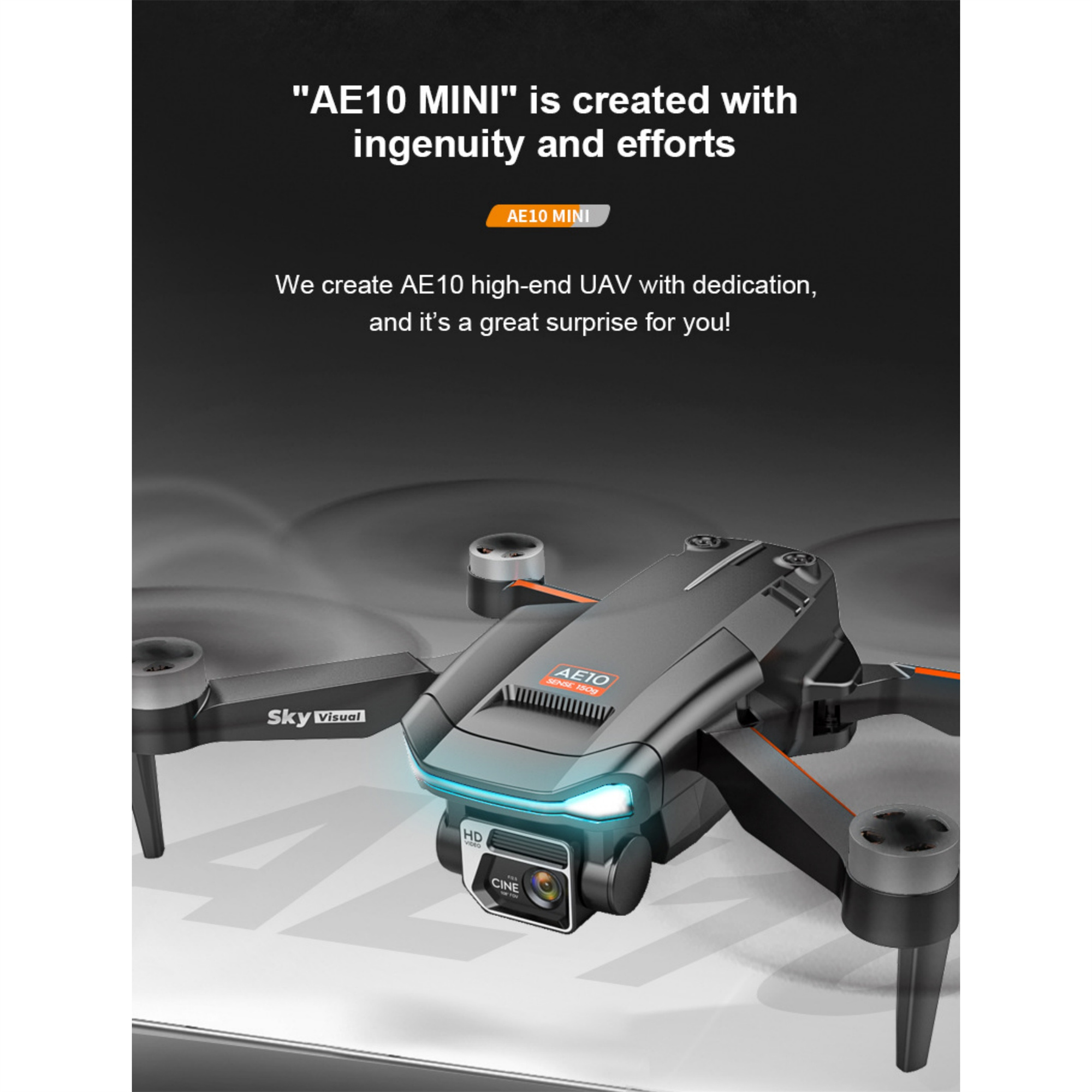 Schwarze und orangefarbene Drohne mit dem Text 'AE10 MINI' und 'SkyVisual'.