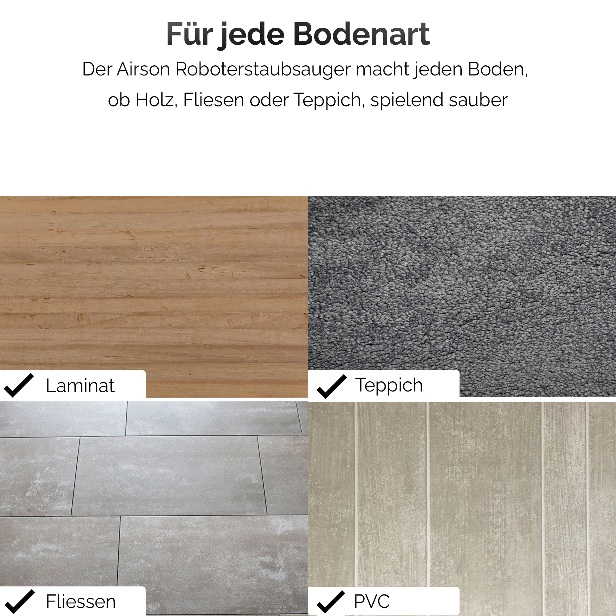 Bilder verschiedener Bodenbeläge: Laminat, Teppich, Fliesen und PVC, mit Häkchen.