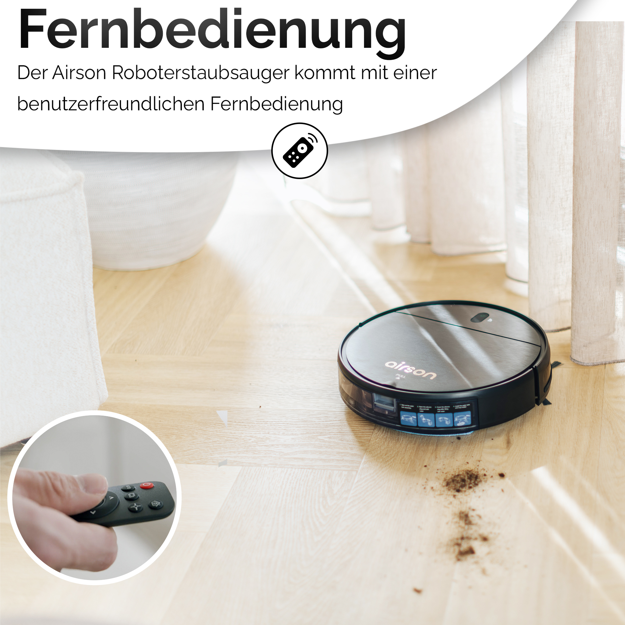 Roboter-Staubsauger mit Fernbedienung und Holzboden mit Schmutz.