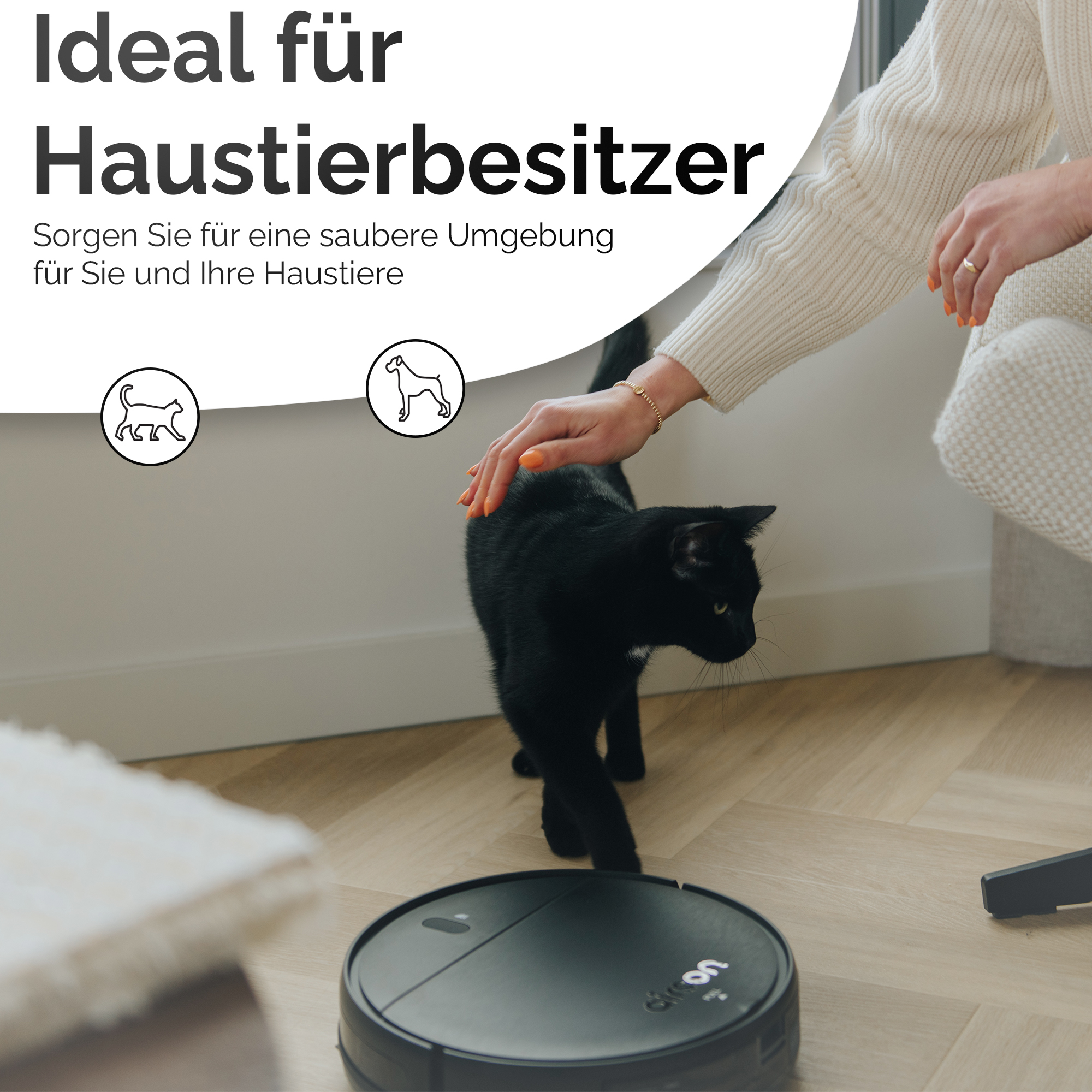 Frau streichelt eine schwarze Katze in der Nähe eines Roboterstaubsaugers. Die Katze ist im Fokus. Holzboden.