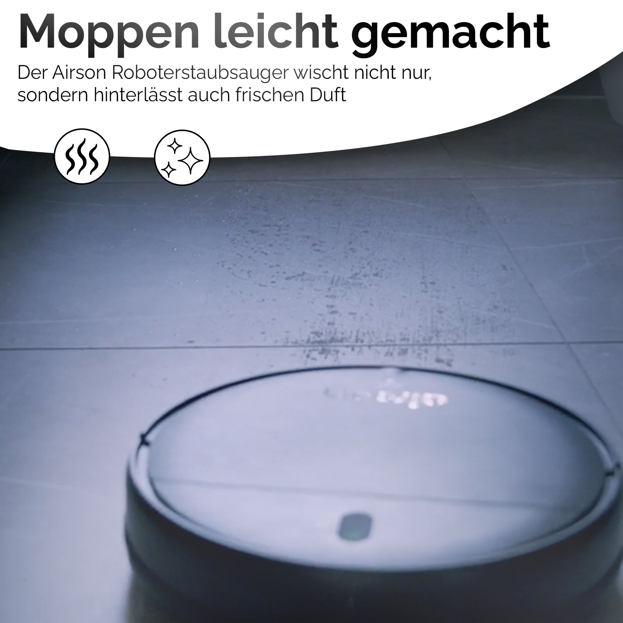 Roboter-Staubsauger auf dem Boden mit Text: 'Mopping leicht gemacht'. Saubere Böden.
