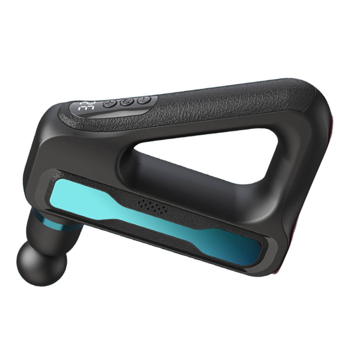 Eine schwarze Massagepistole mit blauem Polsterbereich und digitaler Anzeige, isoliert auf Weiß.