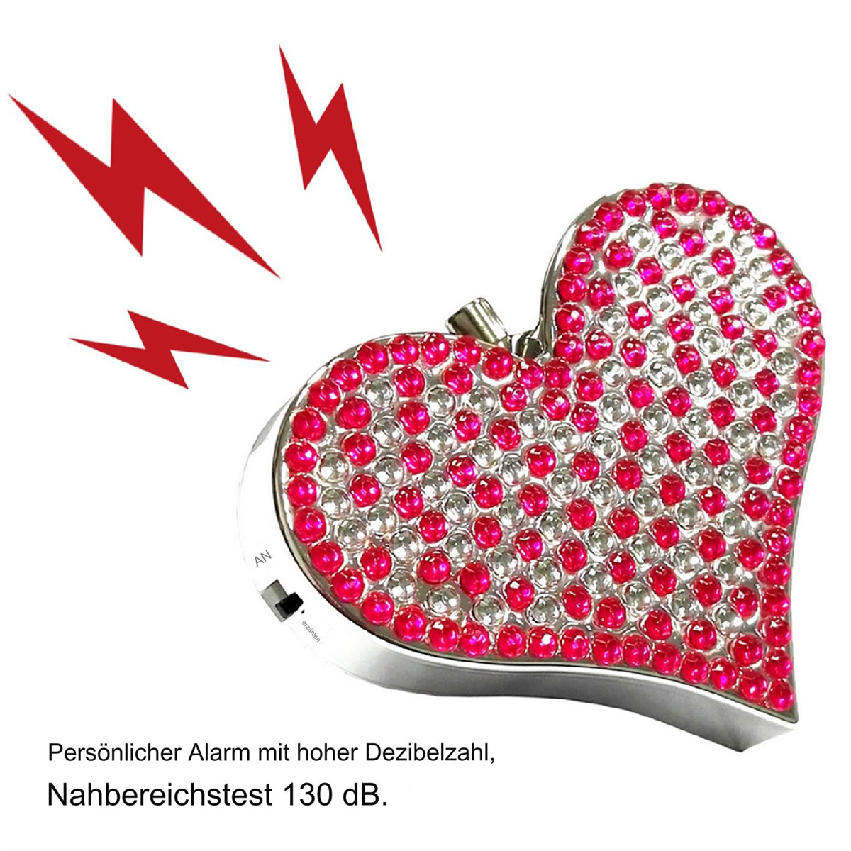 Ein herzförmiger persönlicher Alarm mit roten und silbernen Edelsteinen, mit Blitz.