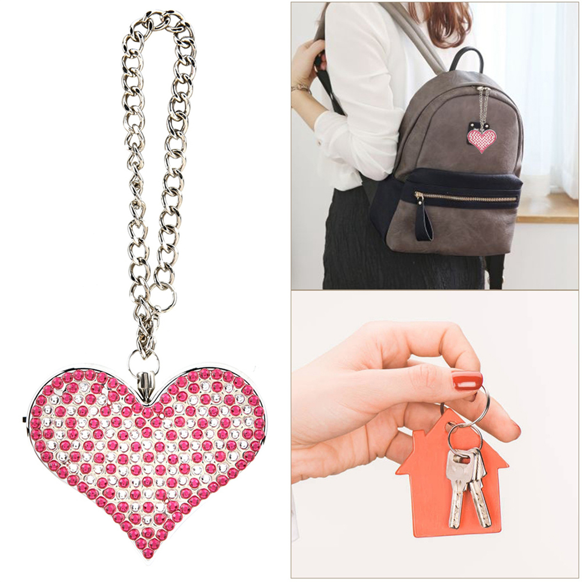 Herzförmiger Schlüsselanhänger mit rosa Edelsteinen, gezeigt mit Schlüsseln und Rucksack.
